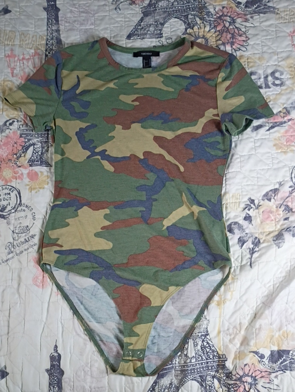 Forever 21 Camo Short-Sleeve Bodysuit in Green, Brown & Tan